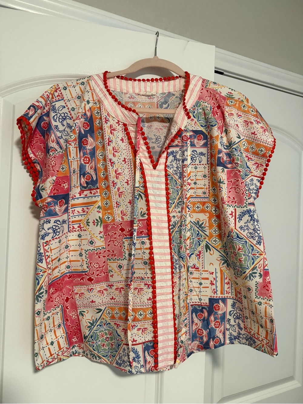 JODIFL Multicolor Patchwork Peasant Blouse with Red Trim